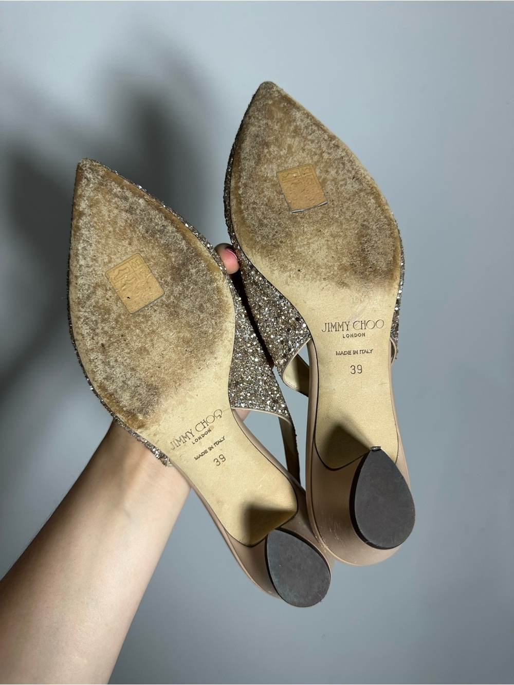 Jimmy Choo Champagne Glitter Pointed Toe Slingback Kitten Heels - Picture 5 of 7